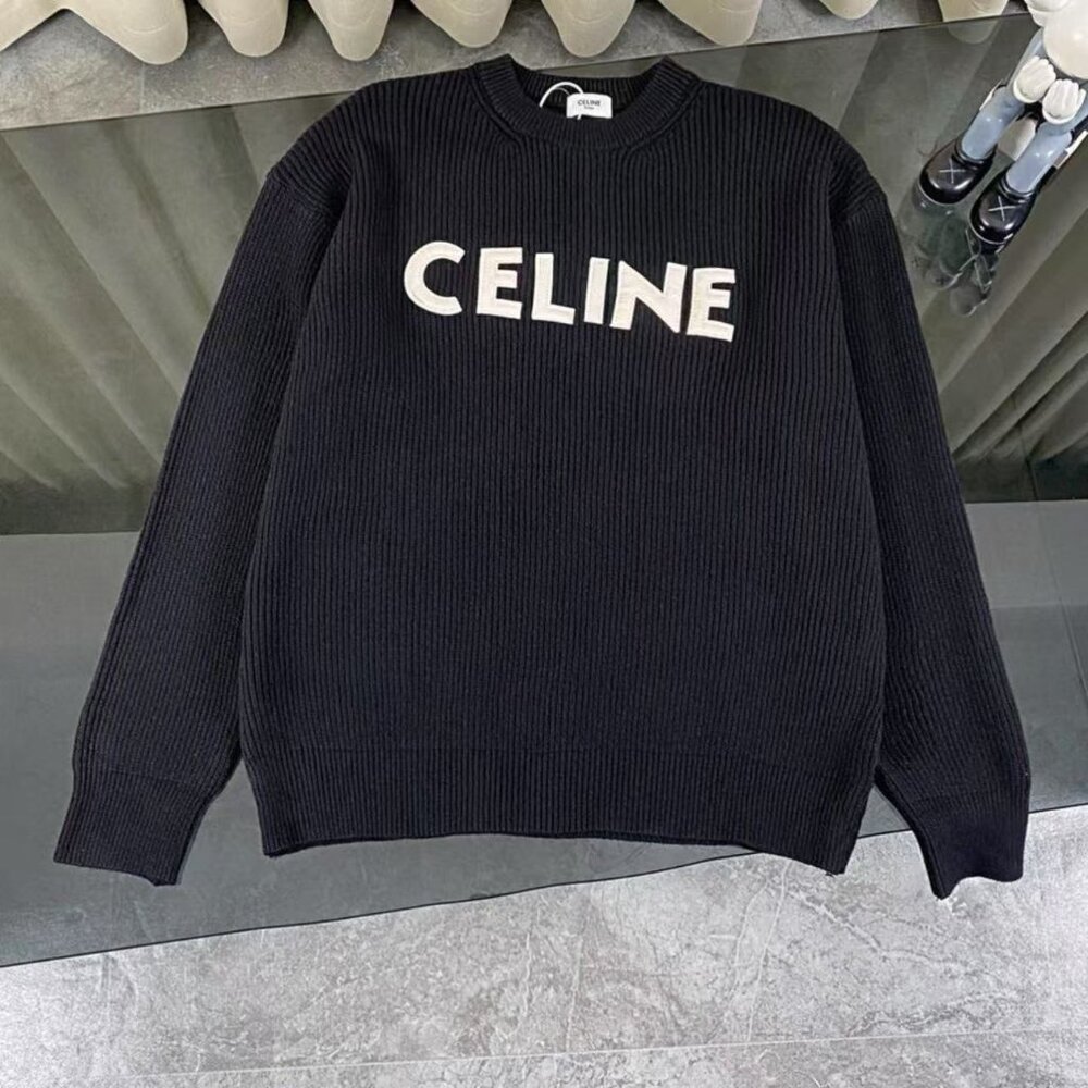 Celine Classic Embroidered Crew Neck Oversized Wool Sweater for Men – Black